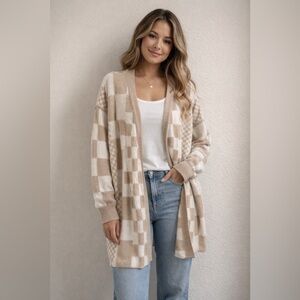 Checkered Beige and White Women's Open Front Cardigan Sweater Oversized Medium